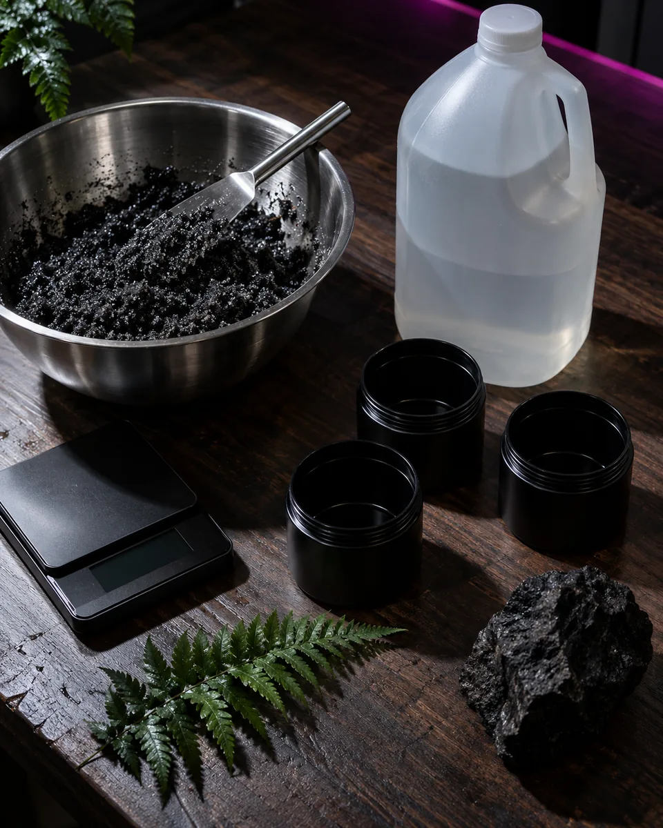 A dark walnut bench in Henderson: a steel bowl of black sugar scrub, a gallon of vegetable glycerin, empty black jars, a scale, a fern frond and a piece of basalt.