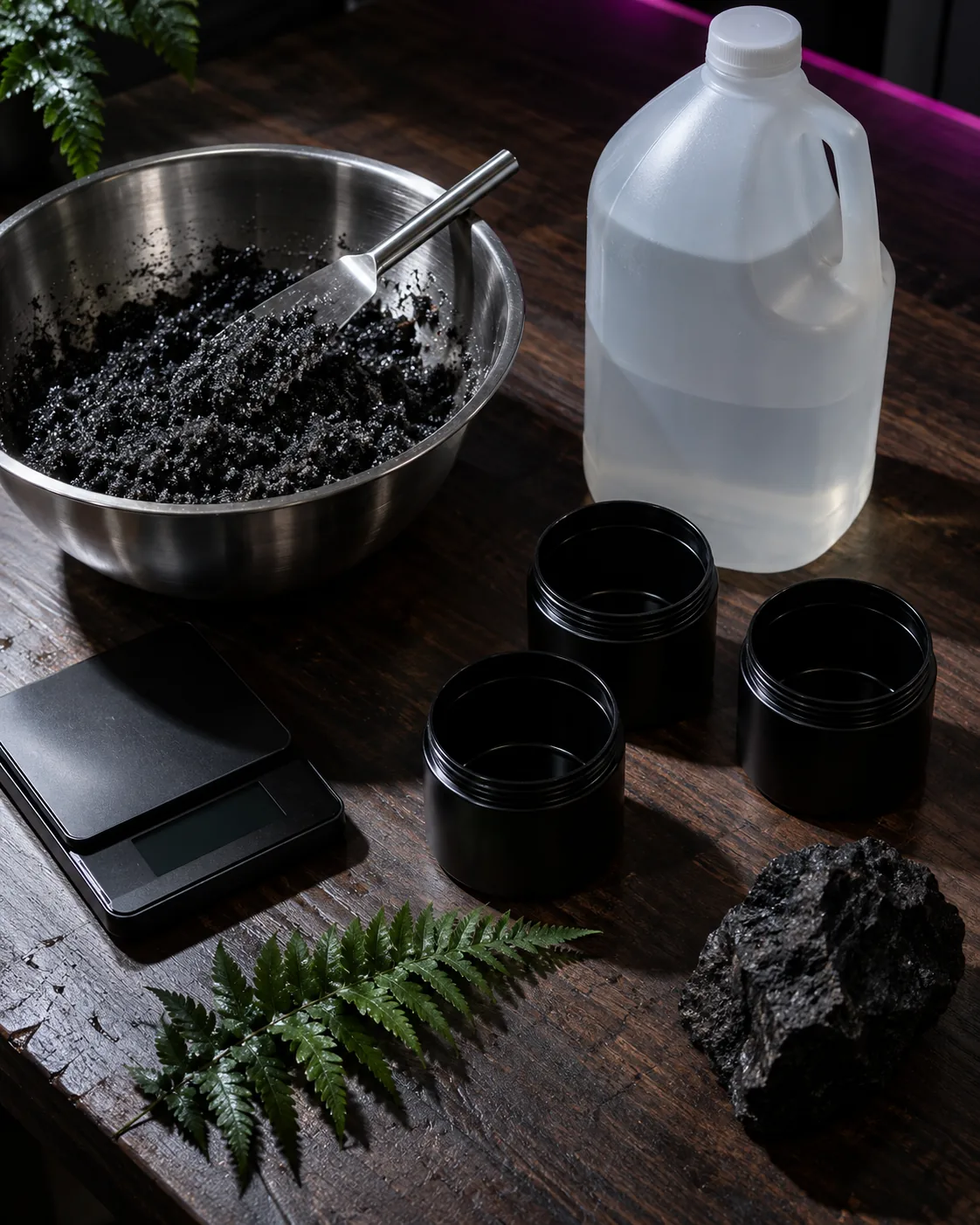 A steel bowl of charcoal scrub, a gallon of vegetable glycerin, empty black jars, a scale and a fern on a dark walnut bench