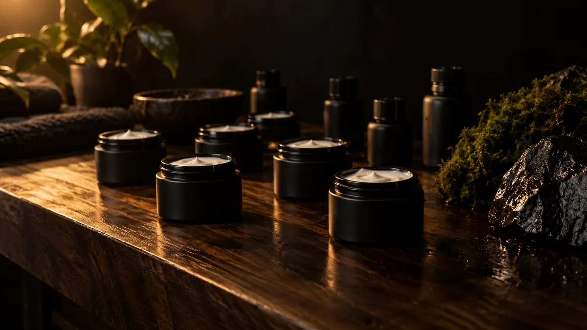 Plain black jars of fresh cream and black bottles cooling on a dark walnut bench beside moss and basalt