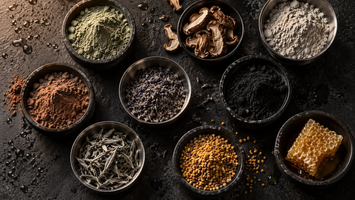 Bowls of green, grey and red-brown clay, charcoal, dried mushrooms, lavender, white tea, bee pollen and honeycomb on dark stone