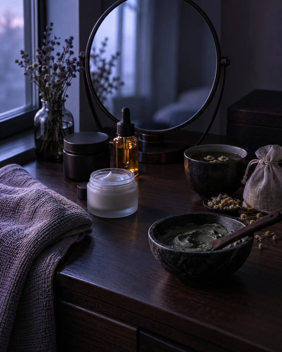 A vanity at first light: a round mirror, jars of face cream, a small dropper bottle of golden oil, a cup of chamomile tea beside a muslin pouch for a tea bath, and a bowl of clay mask