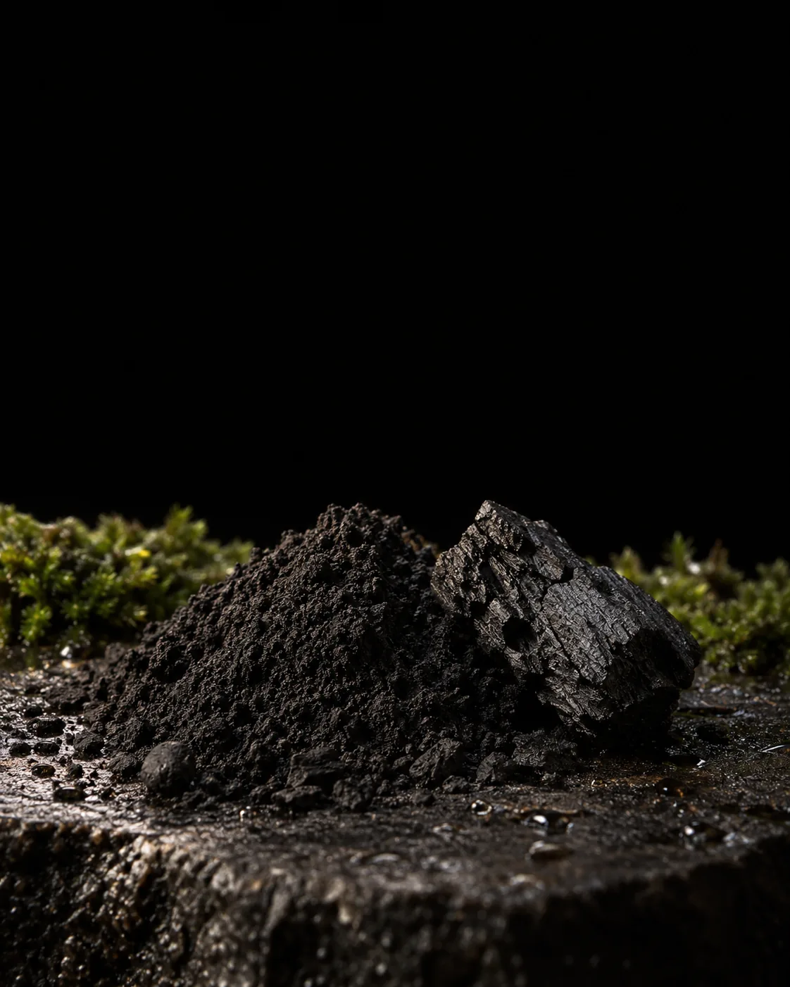 A mound of black activated charcoal powder and a porous charcoal chunk on wet black basalt, moss behind