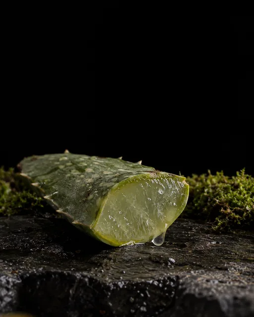 A cut aloe vera leaf with clear gel at its cut face on wet black basalt, moss behind
