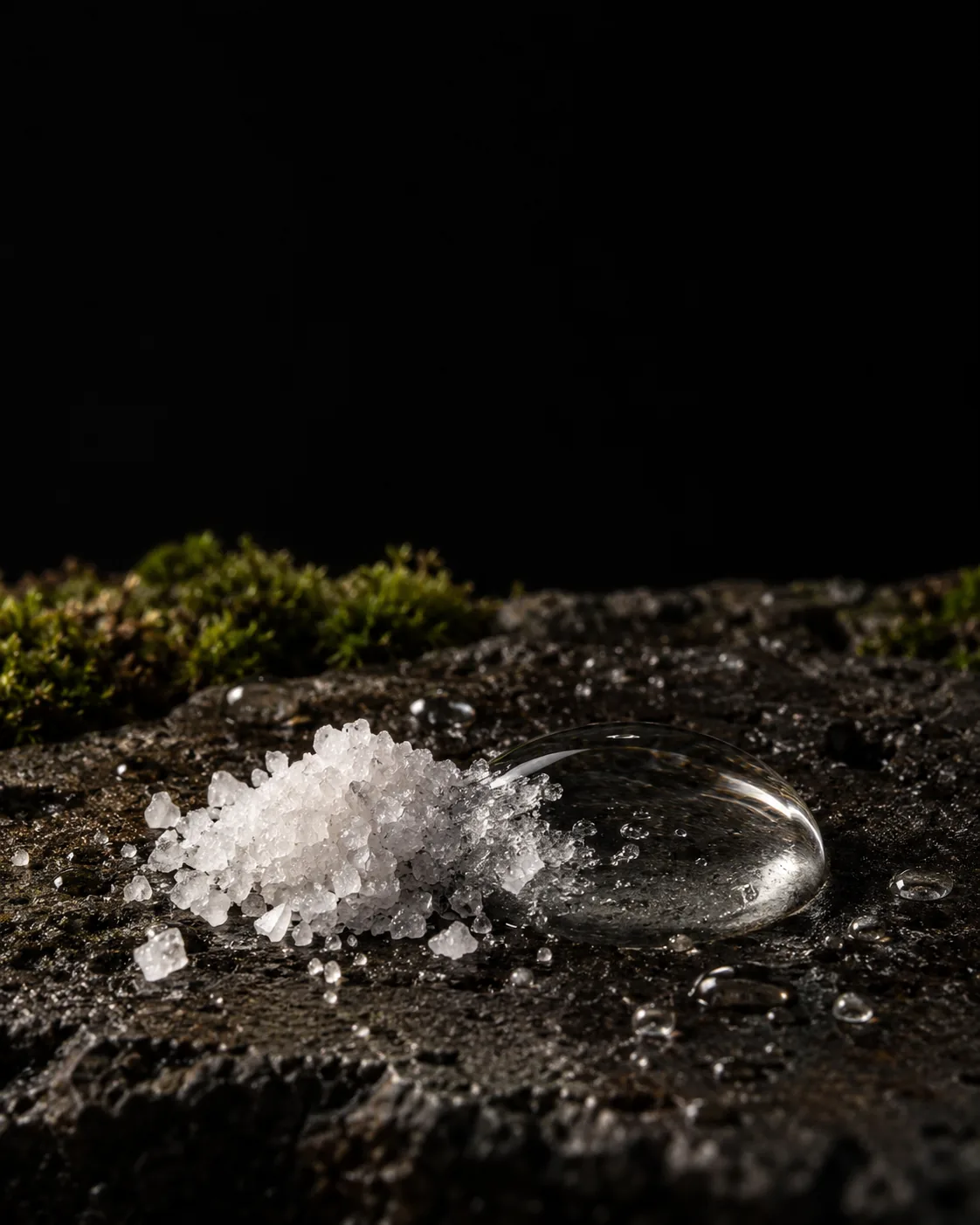 White crystals dissolving into a clear droplet of water on wet black basalt, moss behind