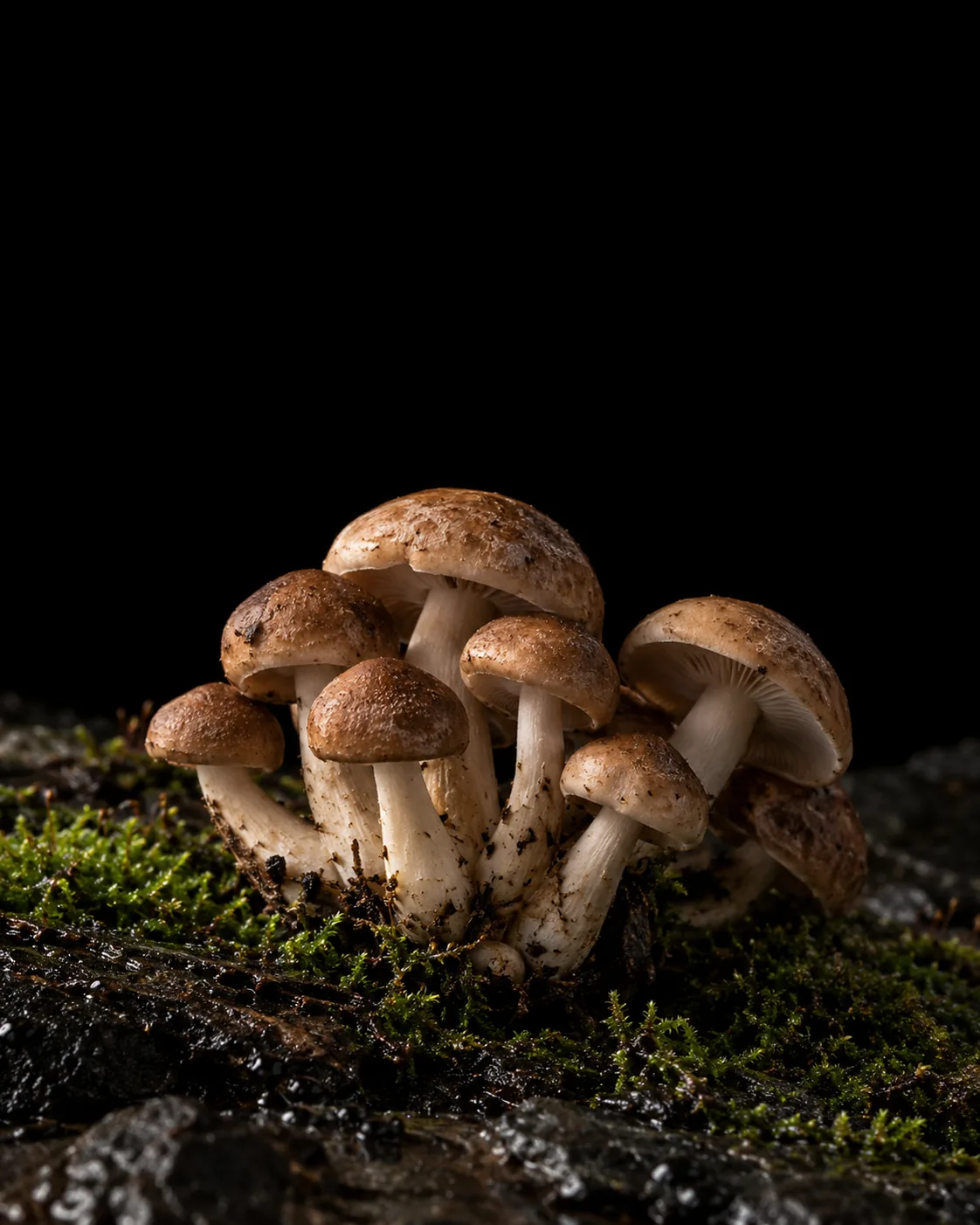 A cluster of brown beech mushrooms with small marbled caps growing from moss on a dark wet log