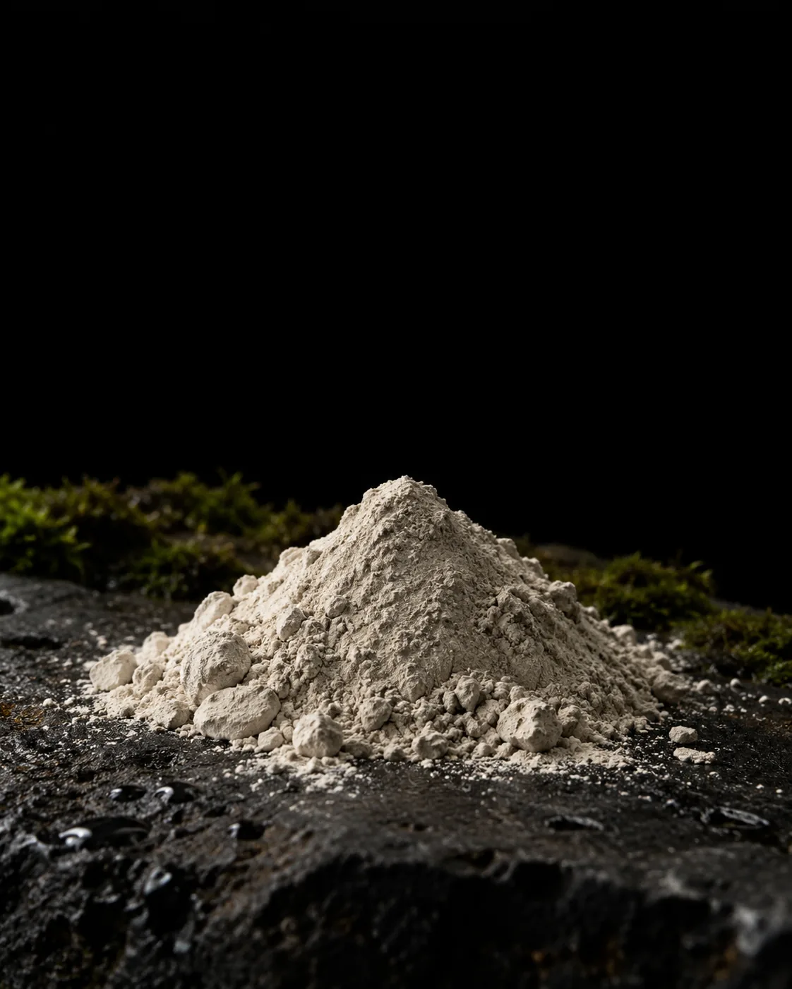 A mound of pale grey bentonite clay powder on wet black basalt, moss behind