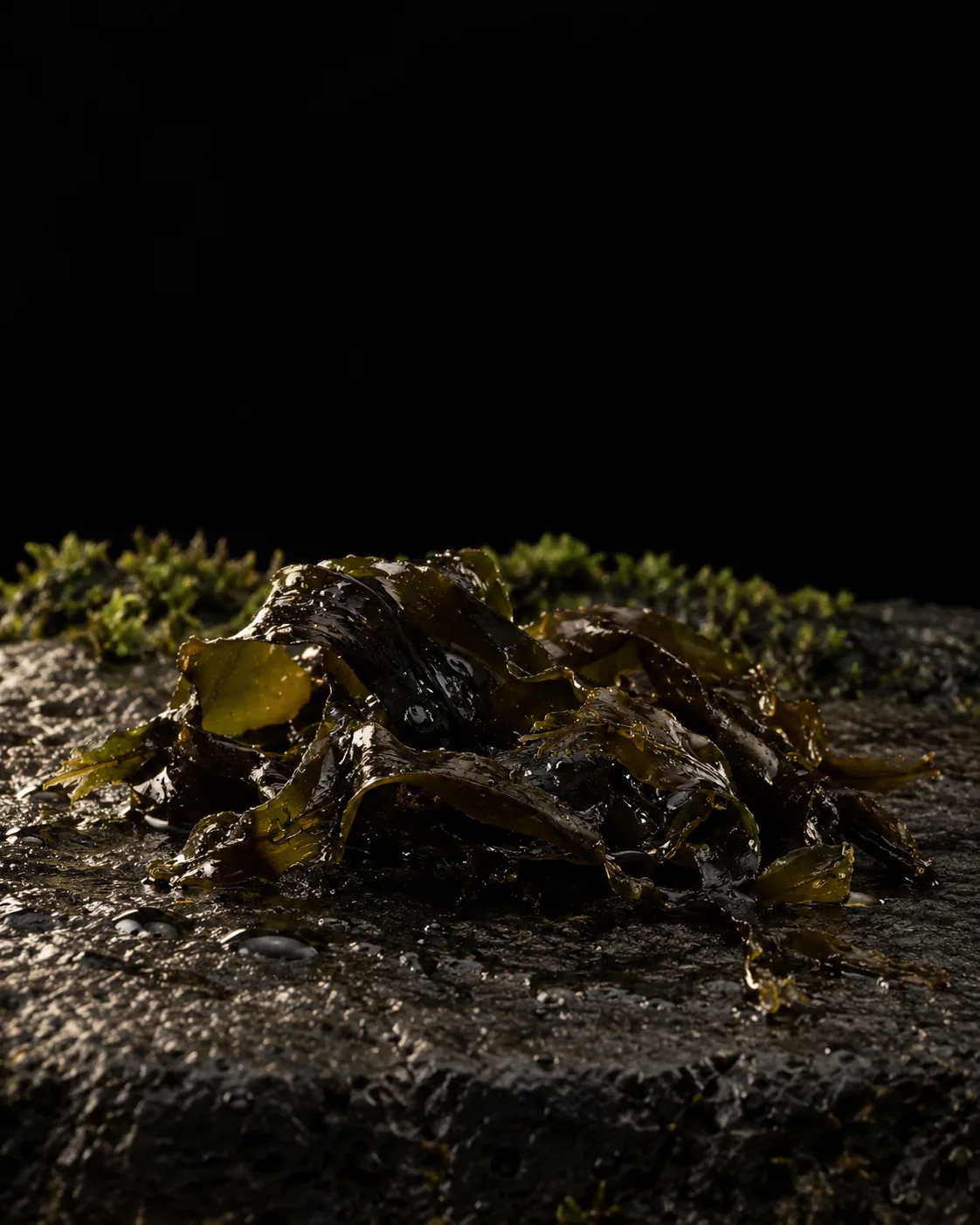 A tangle of glossy near-black algae fronds beaded with sea water on wet black basalt