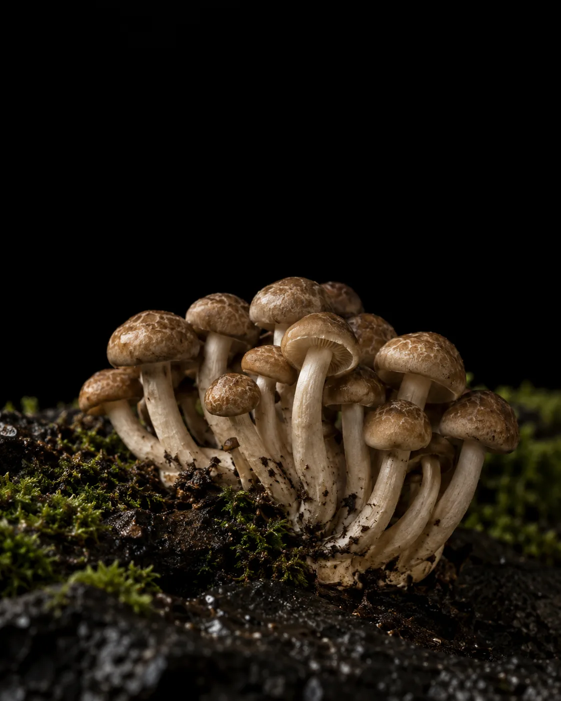 A cluster of buna shimeji mushrooms with marbled brown caps growing from a mossy dark log