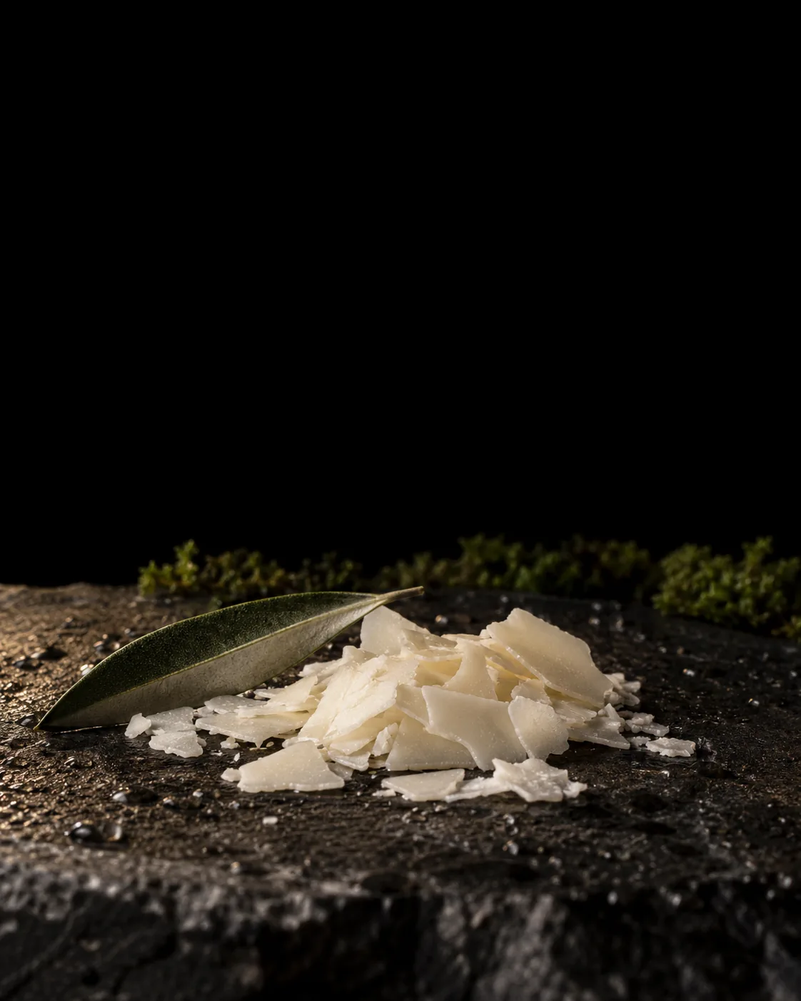 Ivory waxy flakes made from olive oil, with an olive leaf, on wet black basalt
