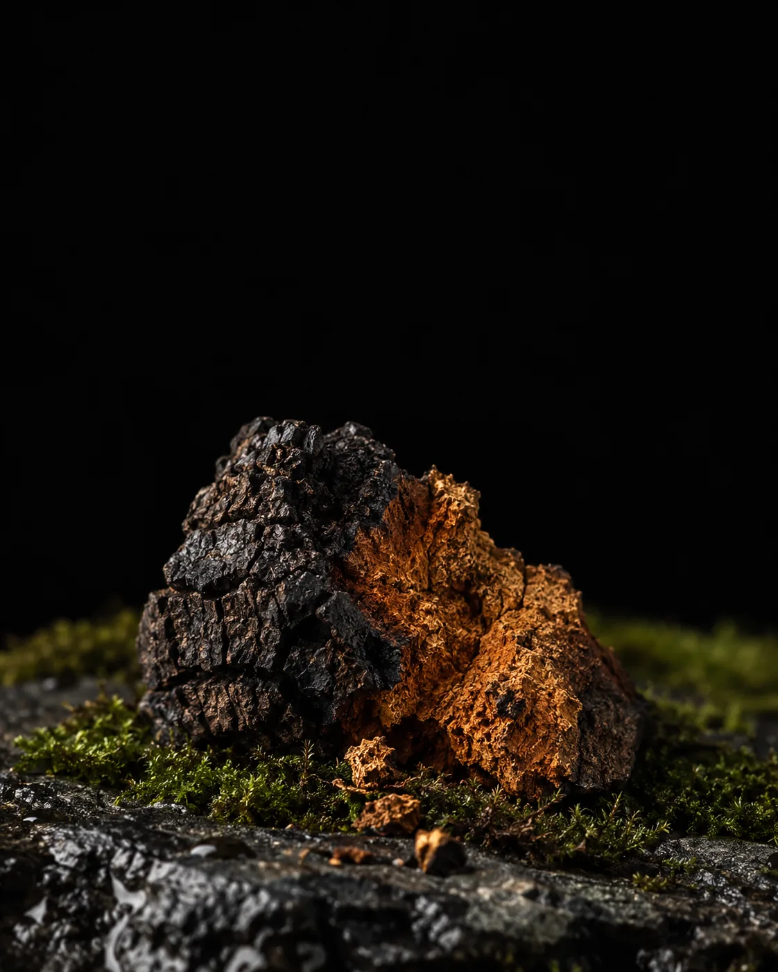 A broken chunk of chaga, cracked black outside and rust-orange inside, on moss and wet basalt