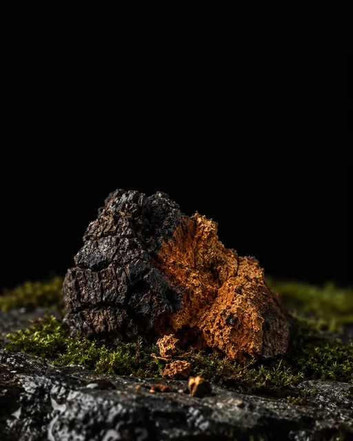 A broken chunk of chaga, cracked black outside and rust-orange inside, on moss and wet basalt