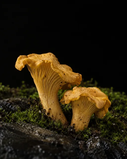 Two golden chanterelle mushrooms growing from moss on wet black basalt