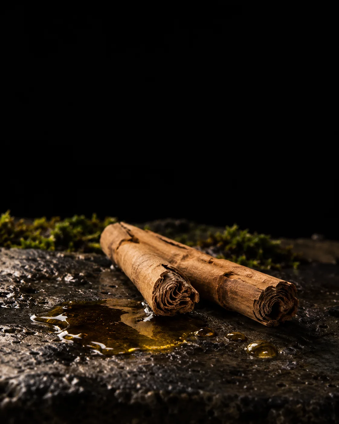 Amber cinnamon bark oil beside two Ceylon cinnamon quills on wet black basalt