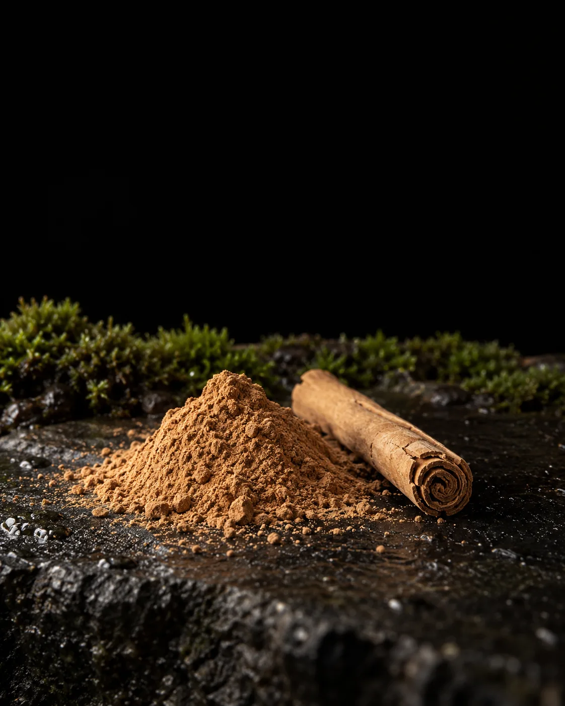 A mound of light brown cinnamon bark powder and a thin-layered Ceylon cinnamon quill on wet black basalt