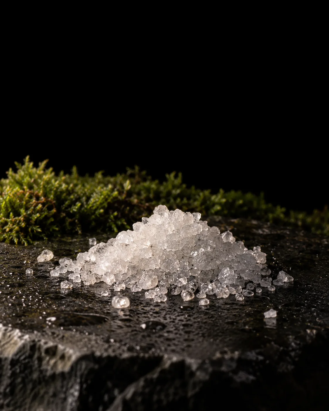 A heap of clear, glassy citric acid crystals on wet black basalt, moss behind