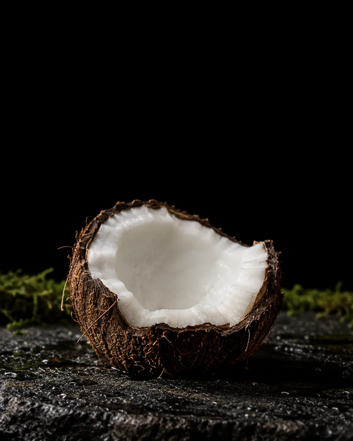 Half a cracked coconut with bright white flesh on wet black basalt