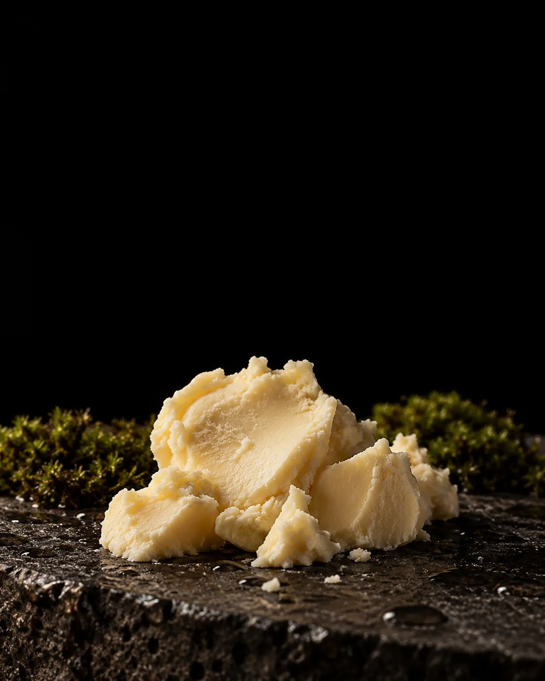 Soft pale yellow pieces of cupuacu butter on wet black basalt, moss behind