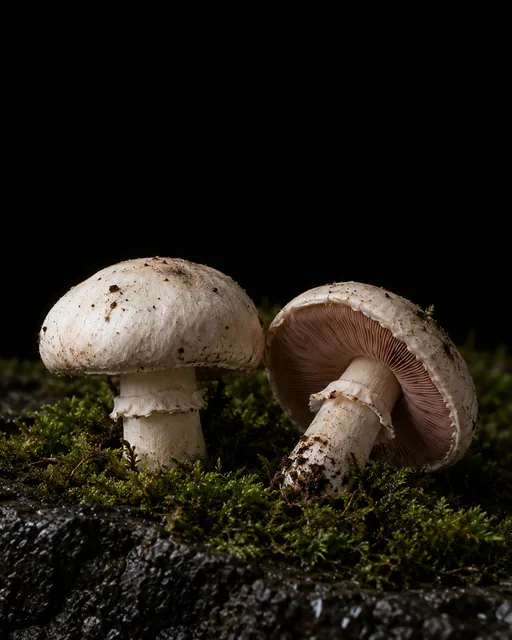 Two white field mushrooms in moss, one tilted to show its pink-brown gills