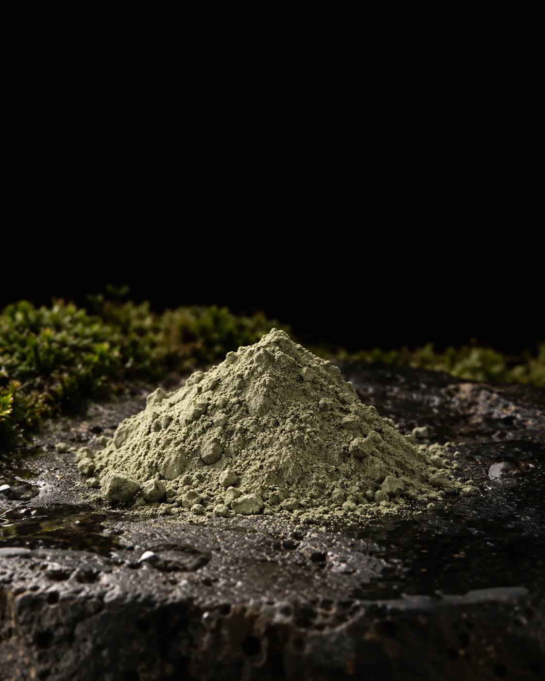 A mound of sage-green clay powder on a slab of wet black basalt, moss behind
