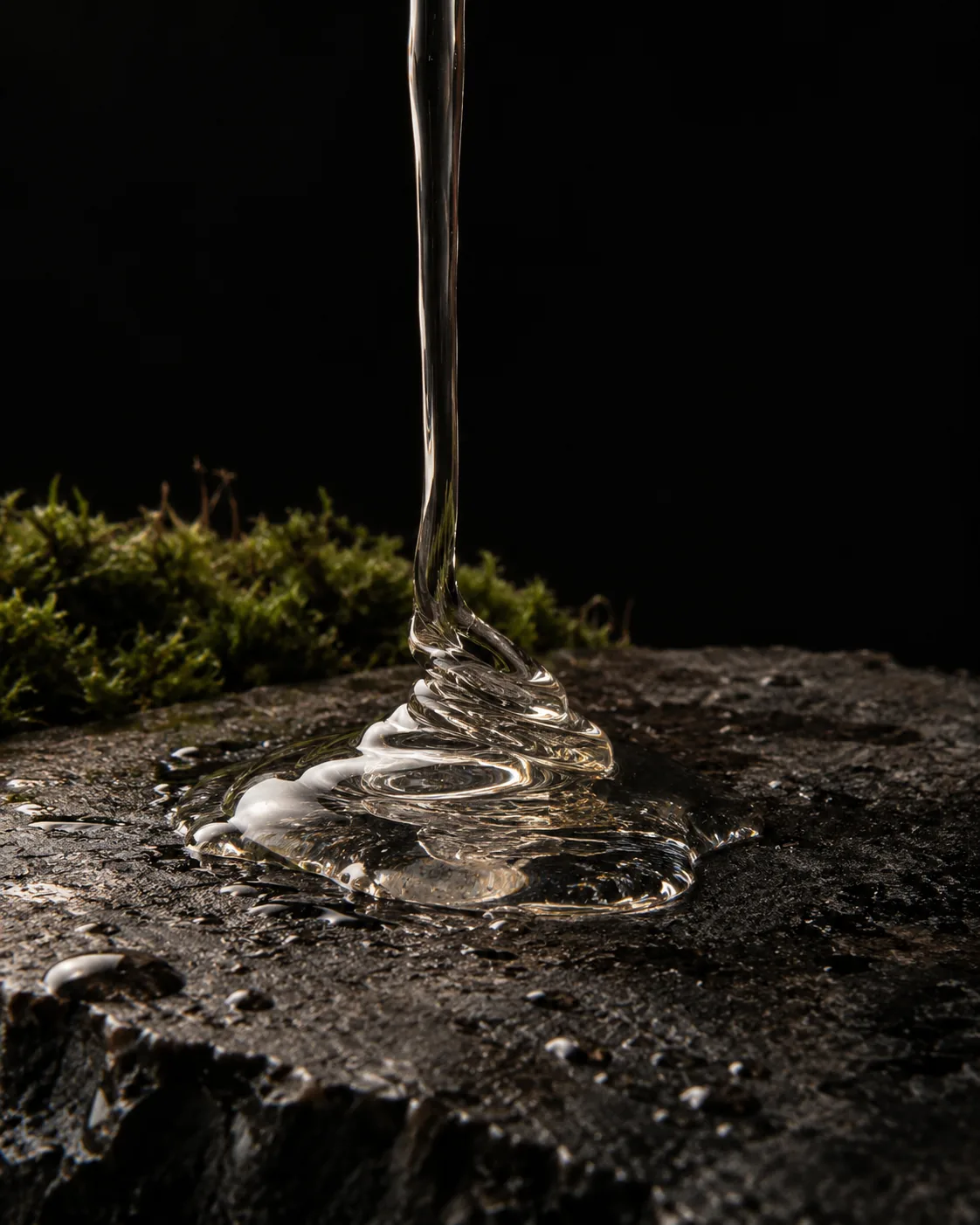 A slow clear stream of glycerin folding into a pool on wet black basalt