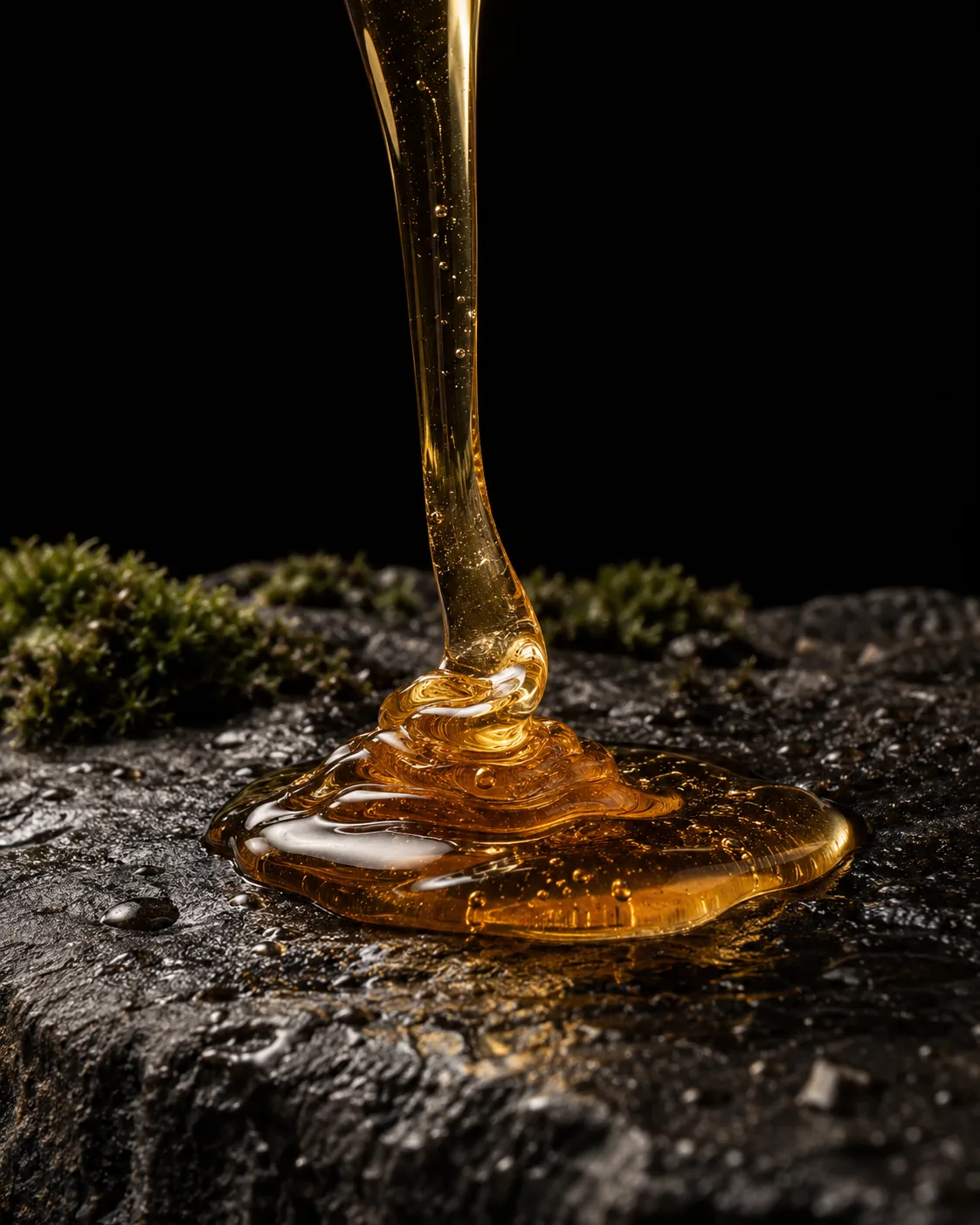 A ribbon of golden honey coiling into a glossy pool on a slab of wet black basalt, moss behind
