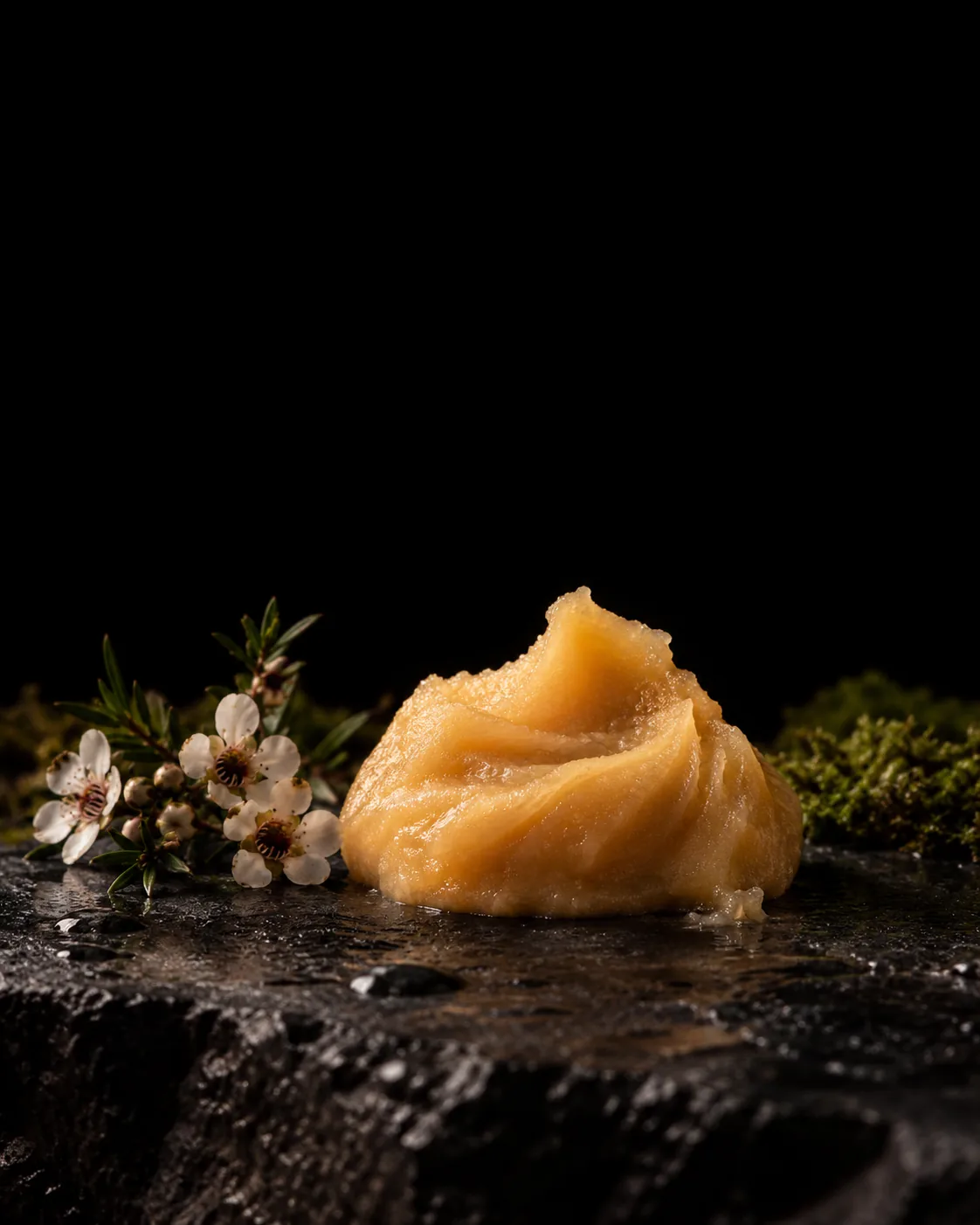 A creamy, opaque dollop of pale manuka honey beside white manuka blossoms on wet black basalt
