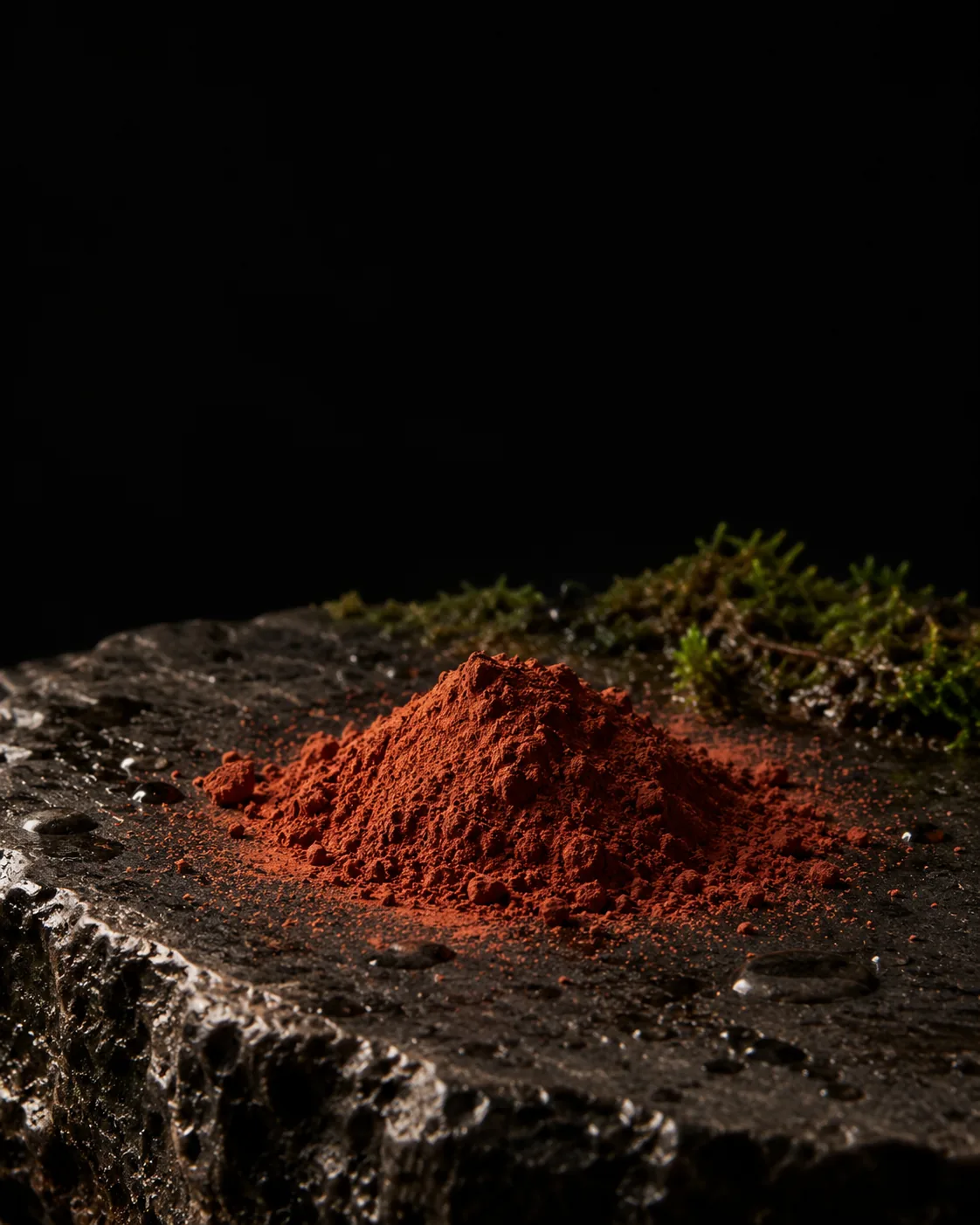 A mound of fine rust-red iron oxide pigment on wet black basalt, moss behind