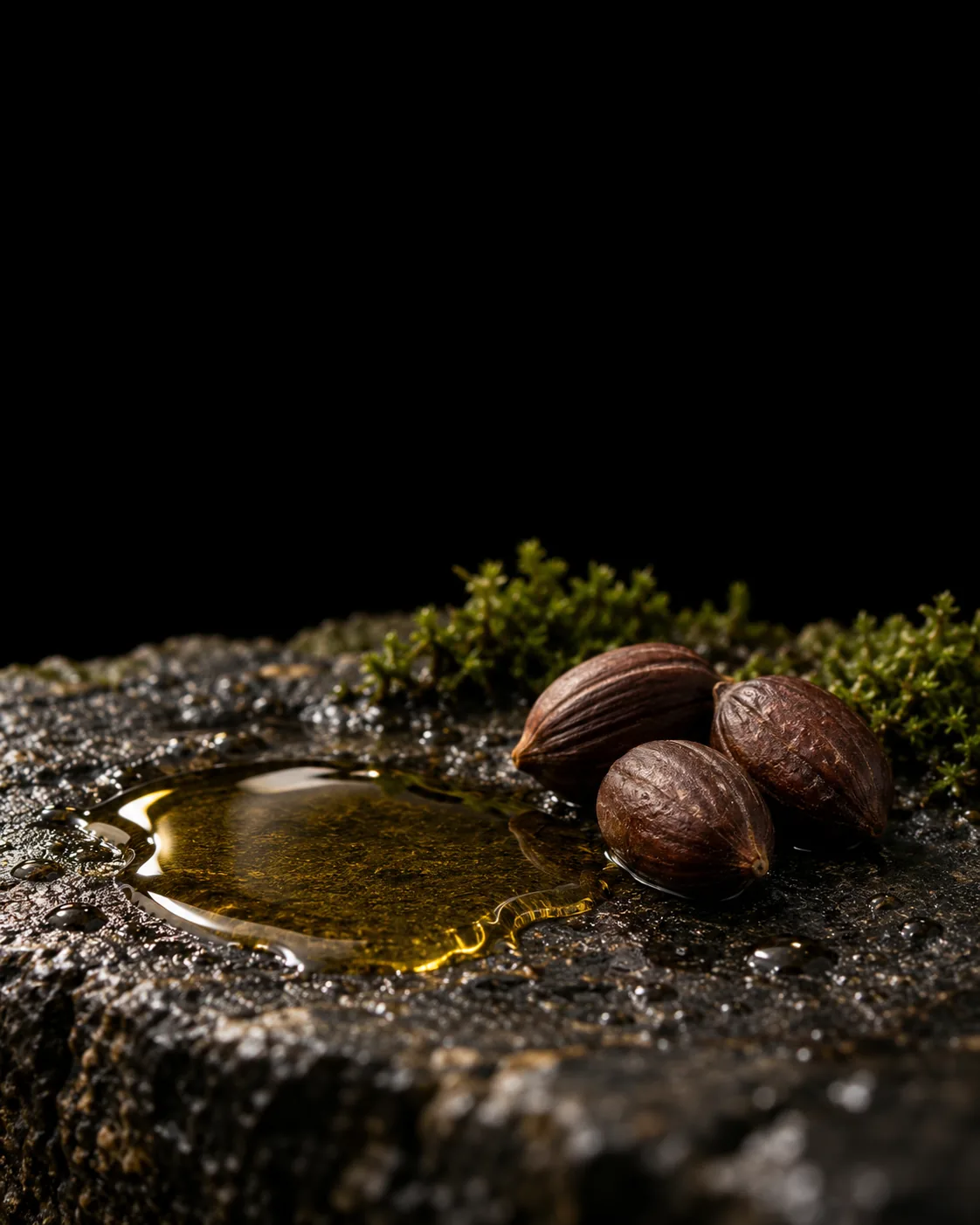 A pool of golden jojoba oil beside brown jojoba seeds on wet black basalt