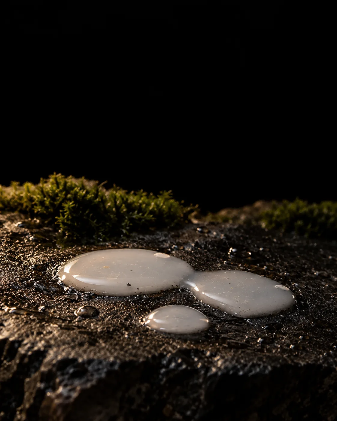 Milky translucent ferment droplets on wet black basalt, moss behind