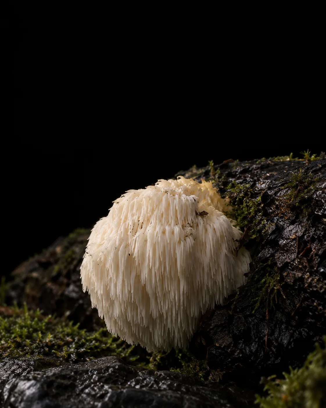 A white, shaggy lion's mane mushroom growing from moss on a dark wet log