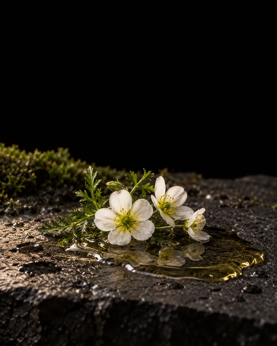 A pool of pale golden meadowfoam seed oil beside small white meadowfoam flowers on wet black basalt