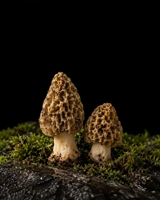 Two honeycomb-capped morels rising from moss on wet black basalt