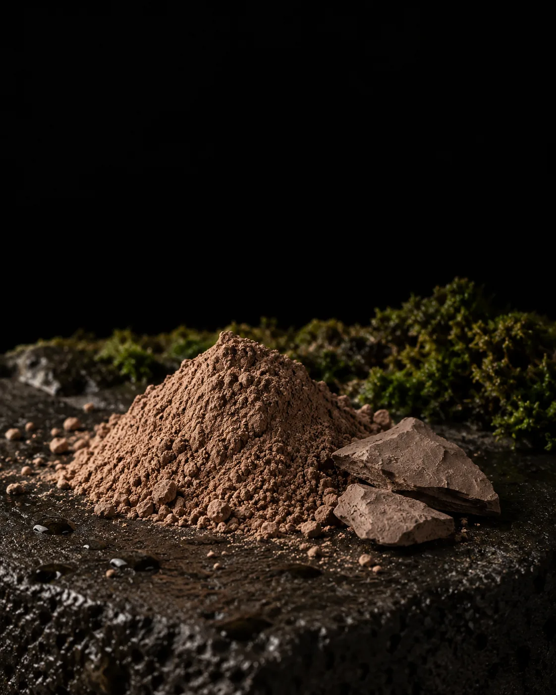 A mound of warm brown Moroccan lava clay with broken pieces of the raw clay on wet black basalt