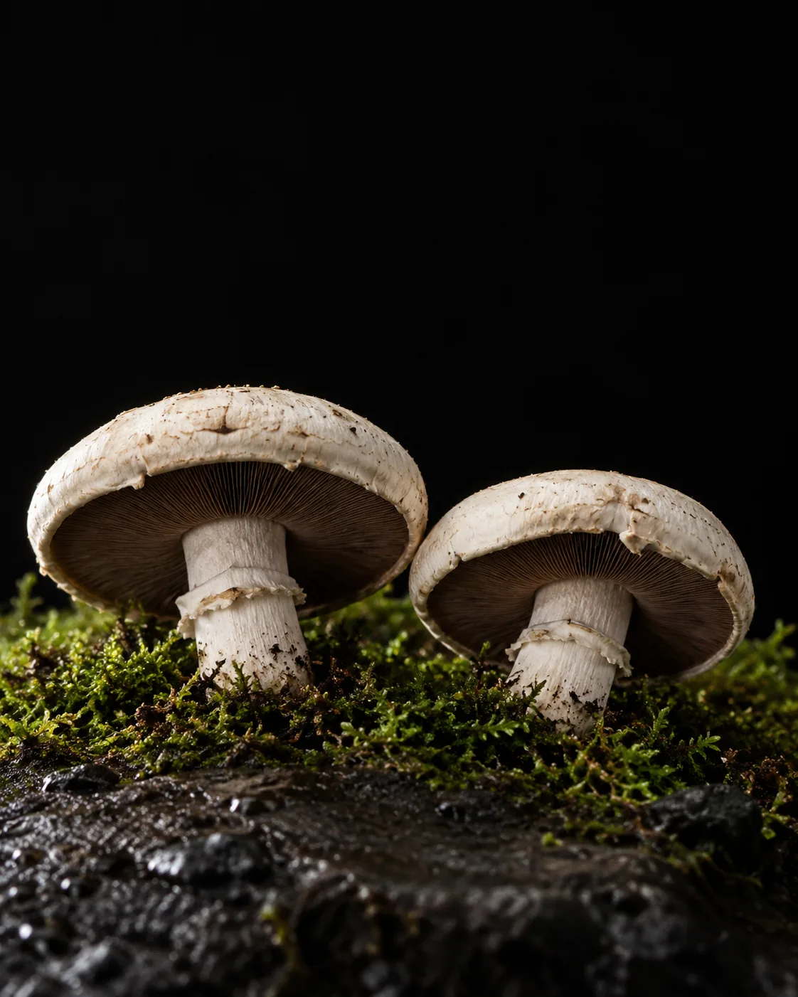 Two open cap mushrooms showing dark brown gills, growing from moss on wet basalt