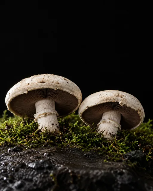 Two open cap mushrooms showing dark brown gills, growing from moss on wet basalt