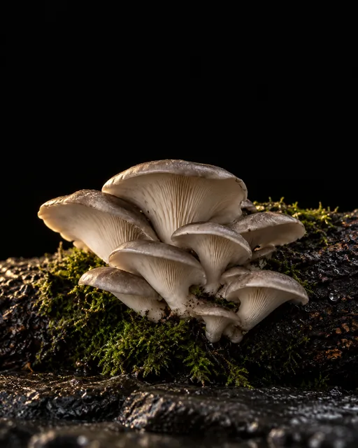 A shelf of pearl-grey oyster mushrooms growing from a dark wet log