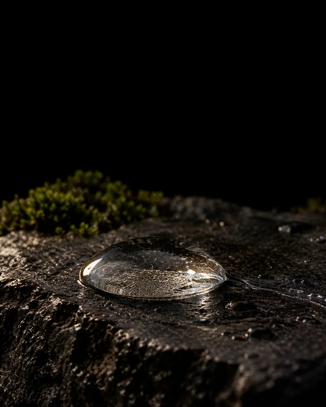 A single clear, glossy droplet of panthenol on wet black basalt, moss behind