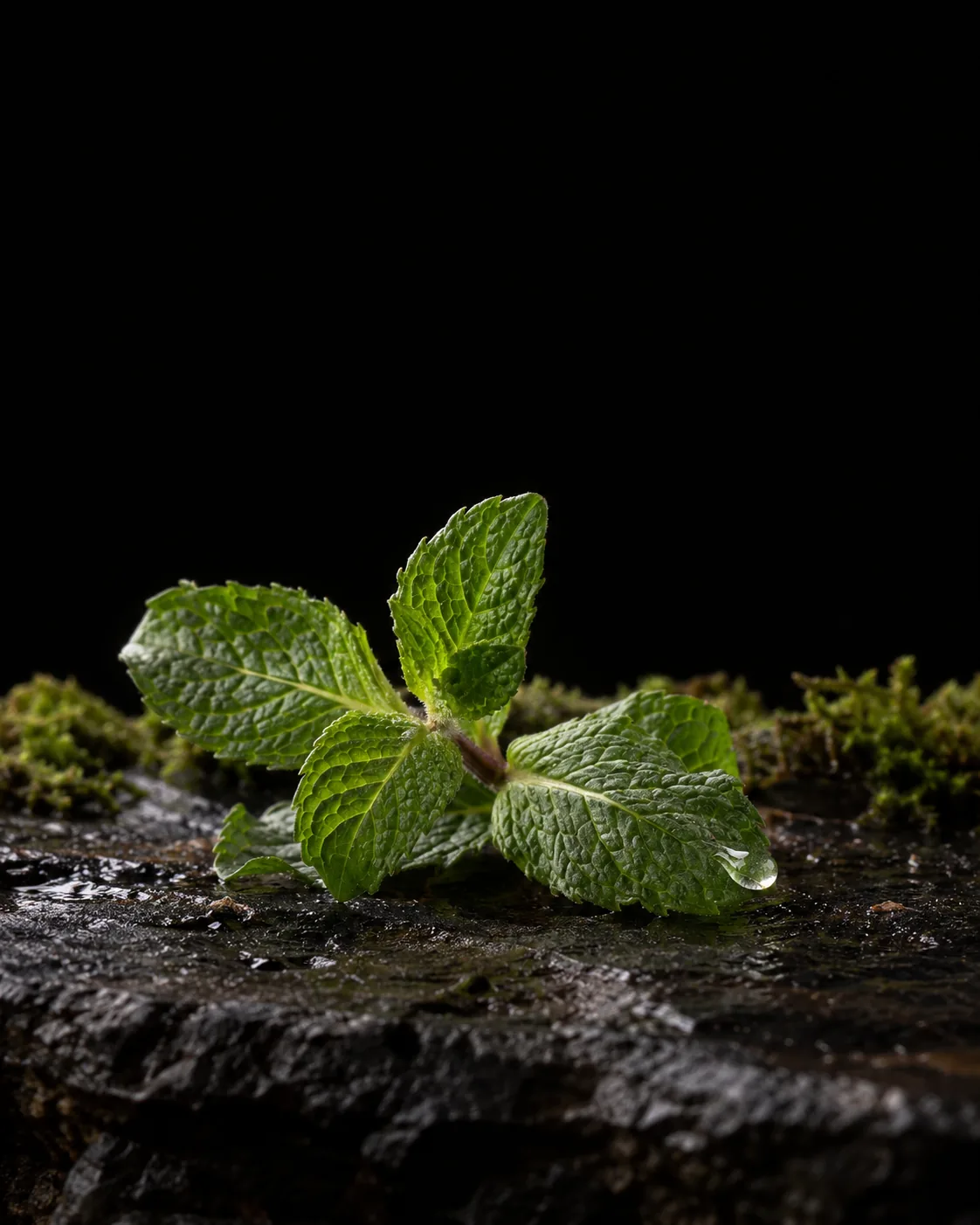 A fresh peppermint sprig with a drop of oil at a leaf tip on wet black basalt