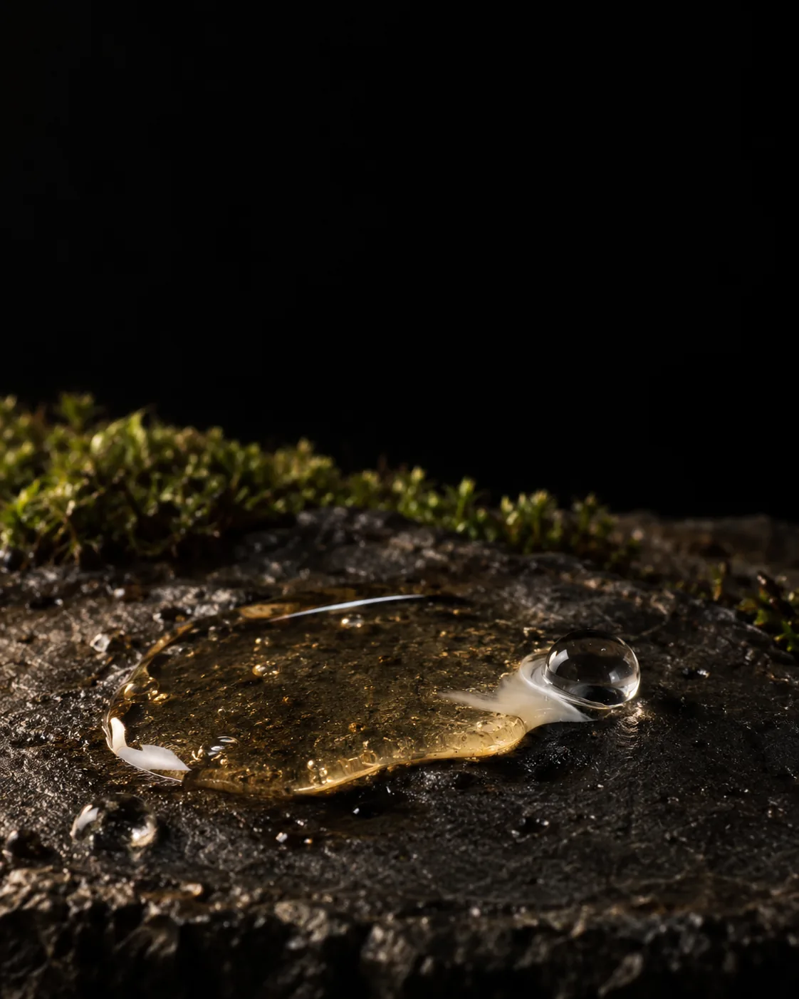A pool of pale amber emulsifier turning faintly milky where a water droplet touches it, on wet black basalt