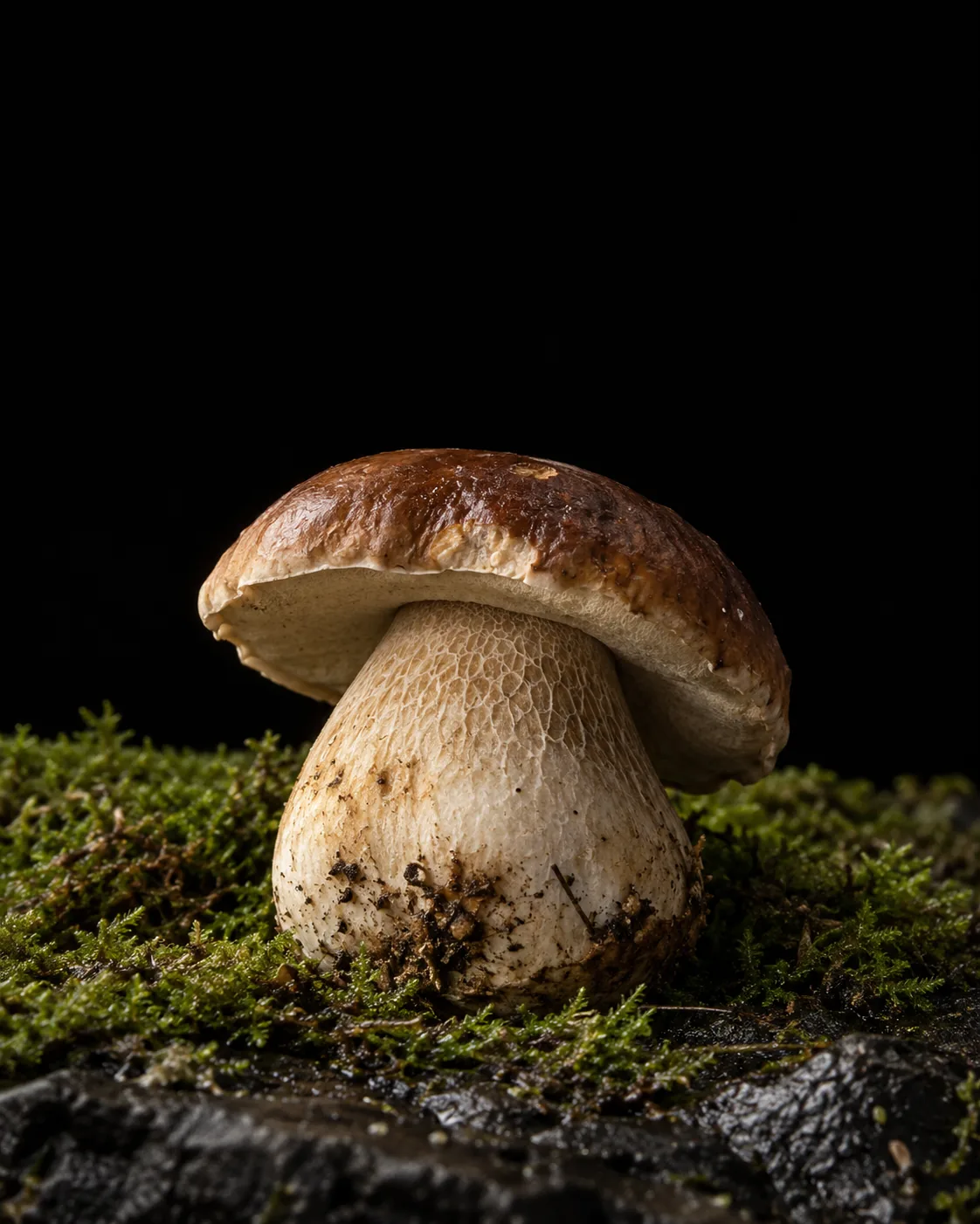A porcini with a glossy chestnut cap and a thick pale stem, growing from moss on wet basalt