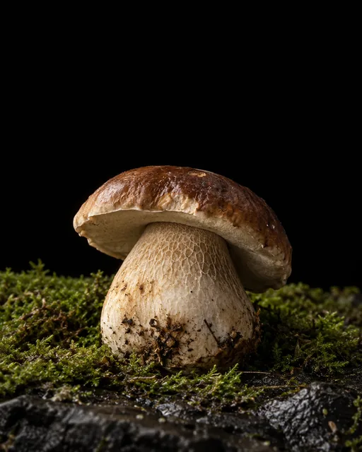 A porcini with a glossy chestnut cap and a thick pale stem, growing from moss on wet basalt