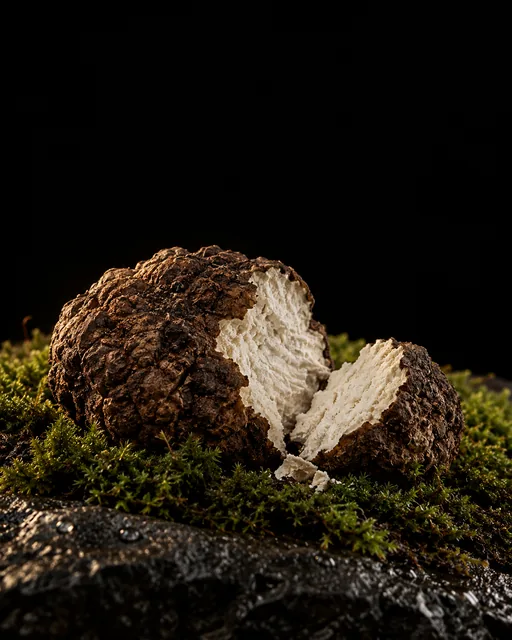 A dark brown poria cocos sclerotium broken open to show its white interior, on moss