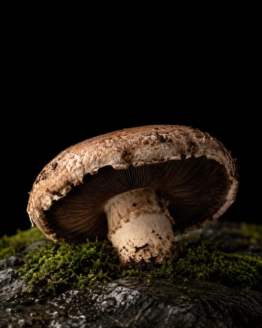 A large portabella mushroom with dark brown gills, growing from moss on wet basalt