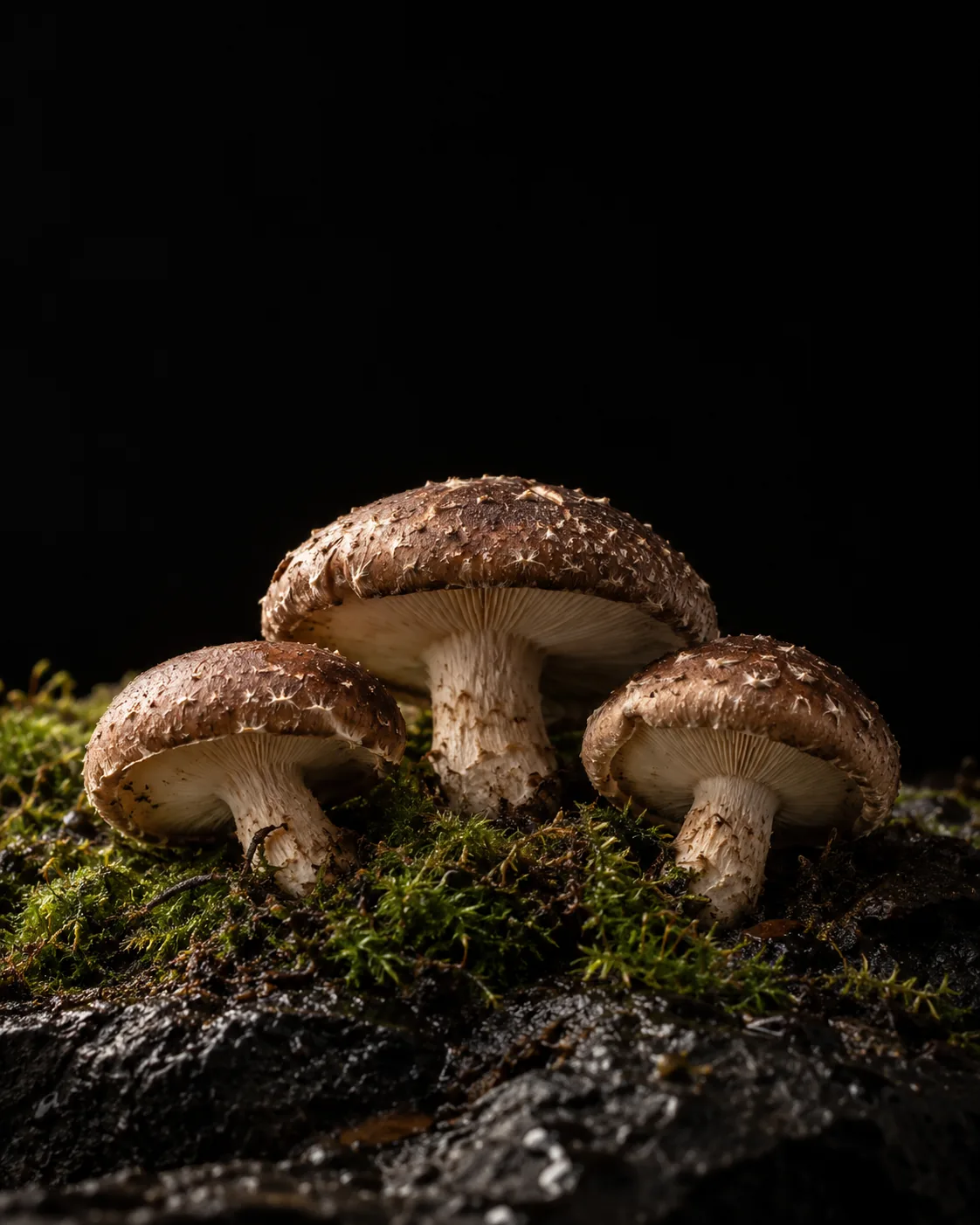 Three shiitake mushrooms growing from moss on a dark wet log
