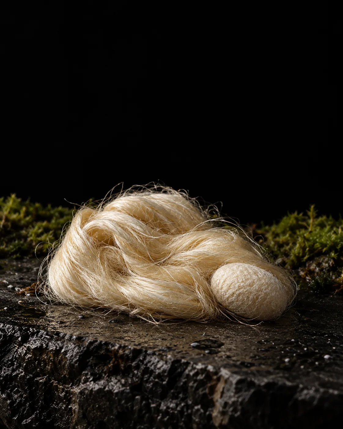 A skein of lustrous raw silk fibres and a pale silk cocoon on wet black basalt