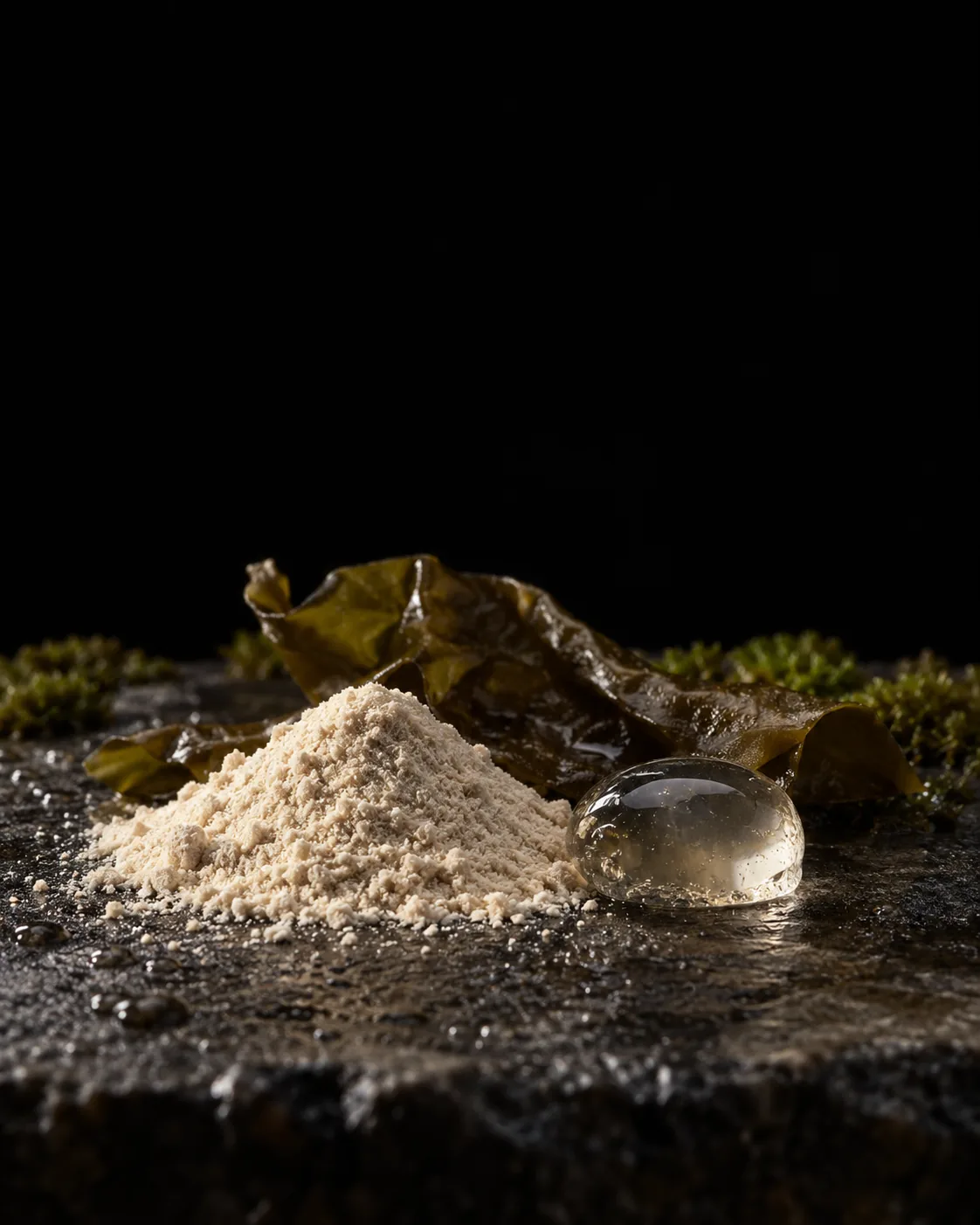 Pale alginate powder, a clear gel bead and a strand of brown kelp on wet black basalt