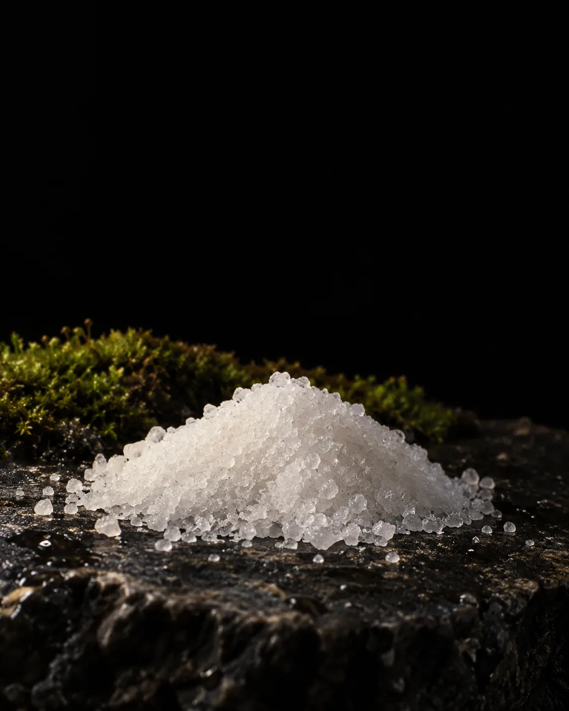A heap of fine white sodium citrate granules on wet black basalt, moss behind