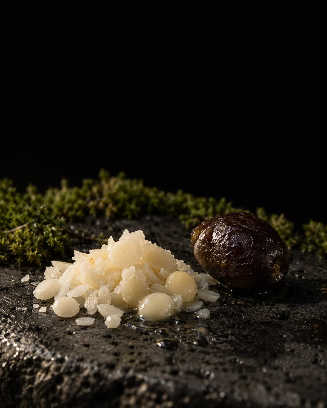 Ivory waxy beads made from olive oil beside a dark olive on wet black basalt