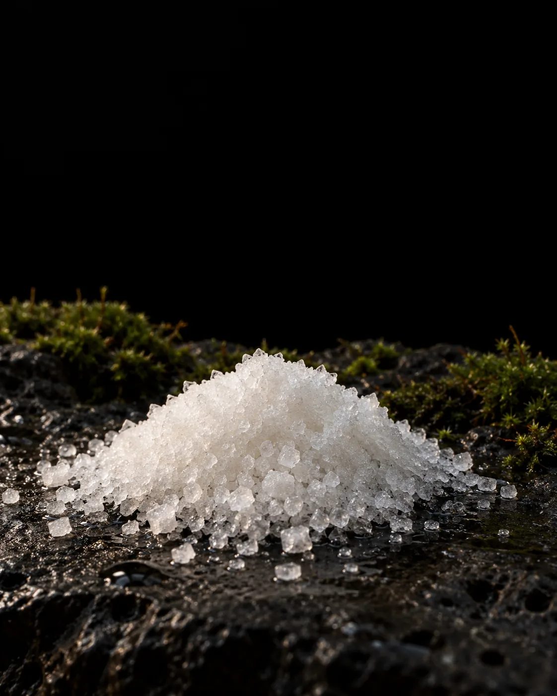 A heap of white granulated sugar on wet black basalt, moss behind