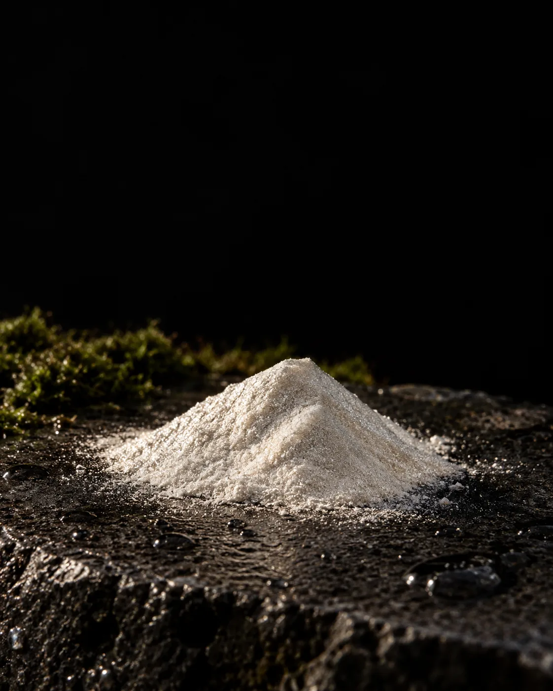 A soft mound of fine, pearly synthetic mica powder on wet black basalt, moss behind